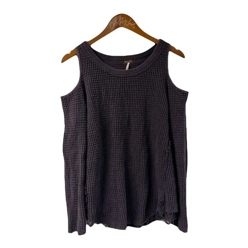 Free People Thermal Cold Shoulder Long Sleeve Gray Small Raw Hem Casual